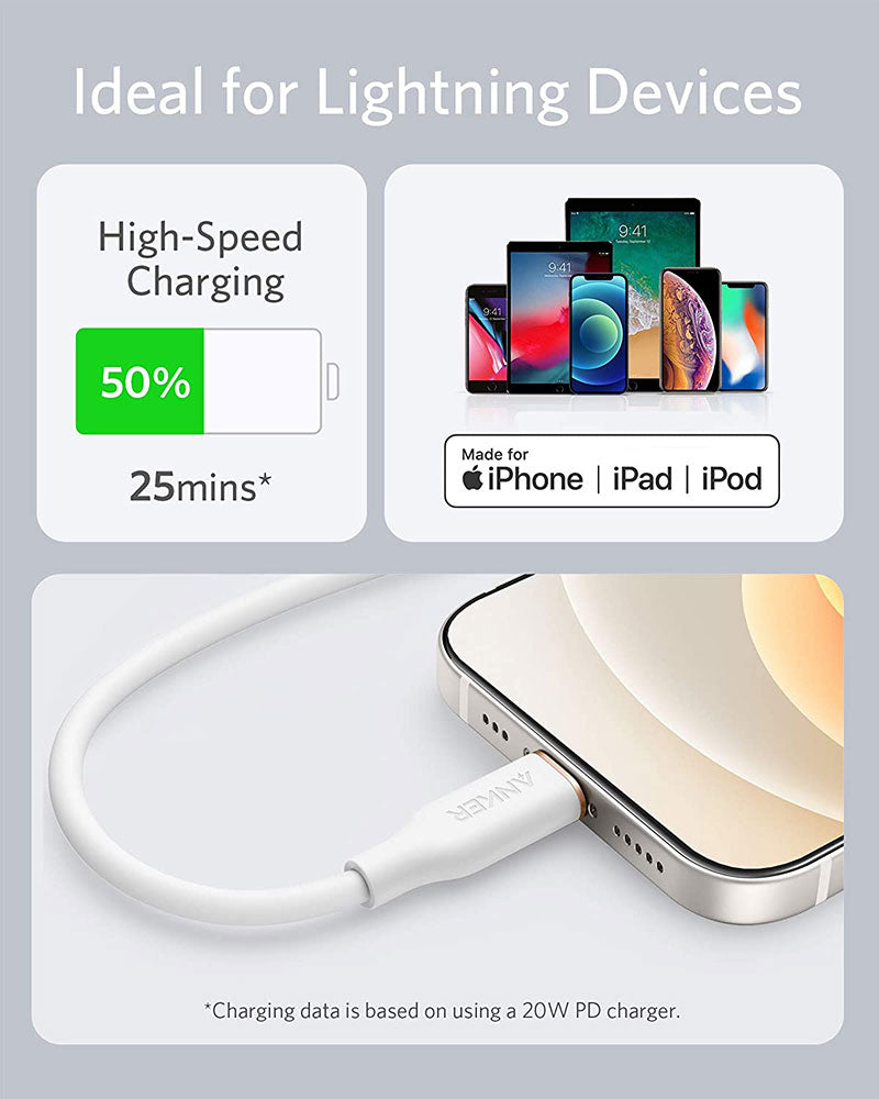 كابل Anker PowerLine III Flow USB-C مع موصل Lightning بطول 3 أقدام - أبيض