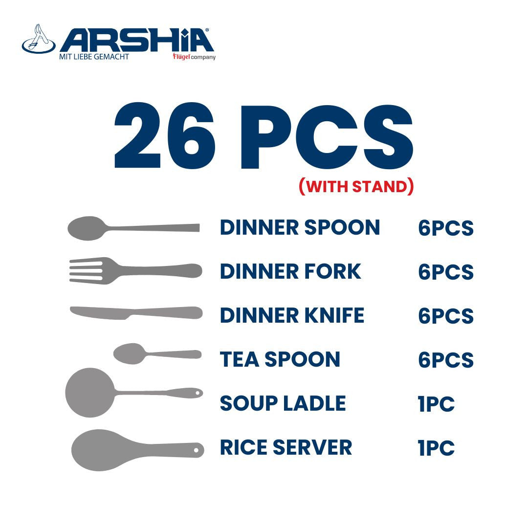 Arshia 26-Piece Luxury Stainless Steel Cutlery Set – Gold & Silver Two-Tone with Metal Stand