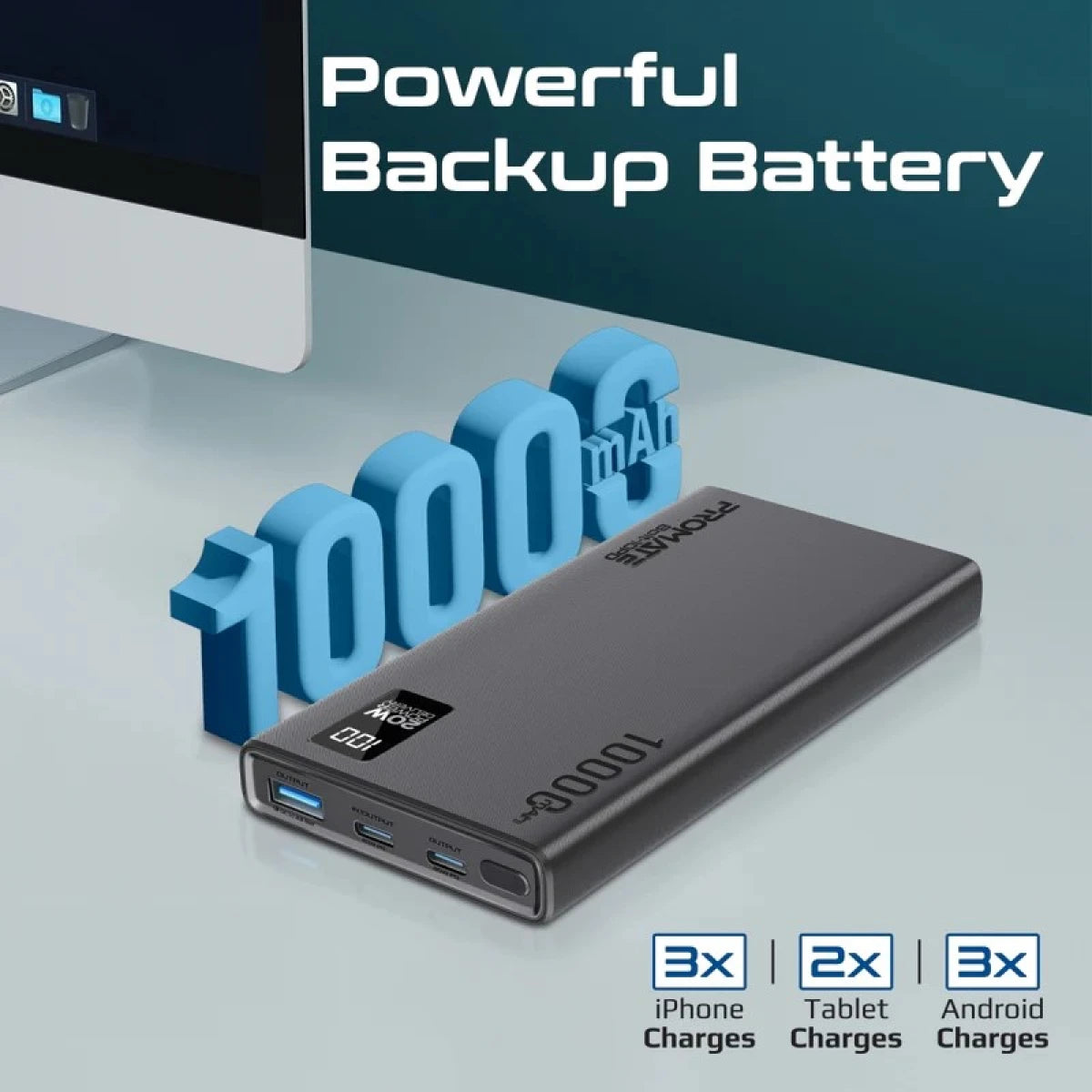 Promate Bolt-10PD Super-Slim Power Bank 10000mAh 20W USB-C with LED Display