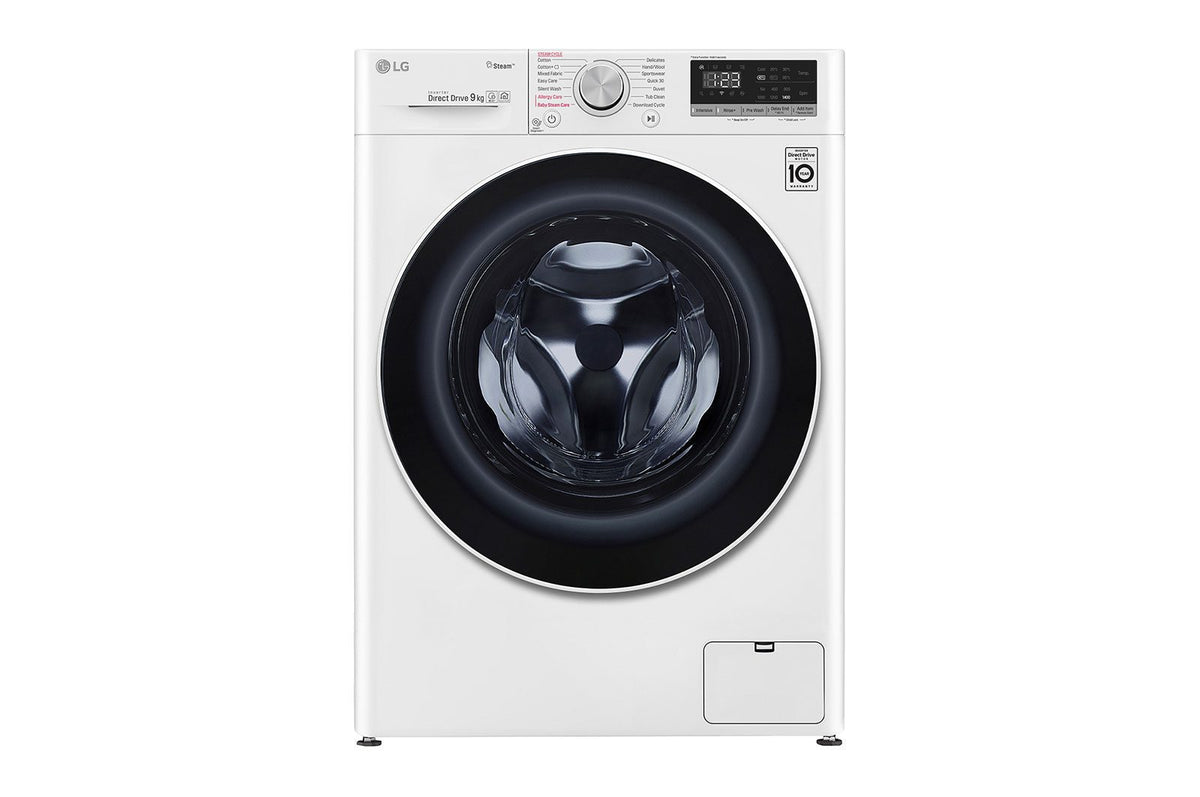 LG F4V5VYP0W 9kg Front Load Washing Machine – 1400 RPM, AI DD, Steam & ThinQ, White – View 1
