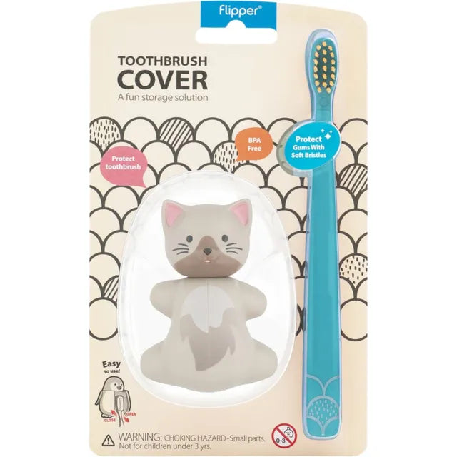 Flipper - Fun Animal Toothbrush With Holder for Kids - Cat (Colour May Vary)