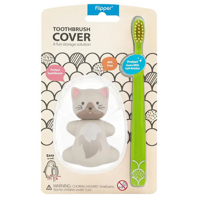 Flipper - Fun Animal Toothbrush With Holder for Kids - Cat (Colour May Vary)