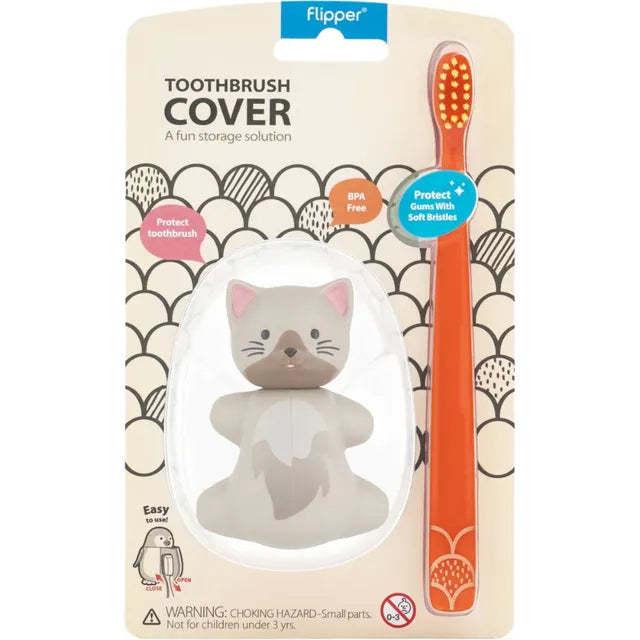 Flipper - Fun Animal Toothbrush With Holder for Kids - Cat (Colour May Vary)