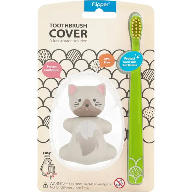 Flipper - Fun Animal Toothbrush With Holder for Kids - Cat (Colour May Vary)