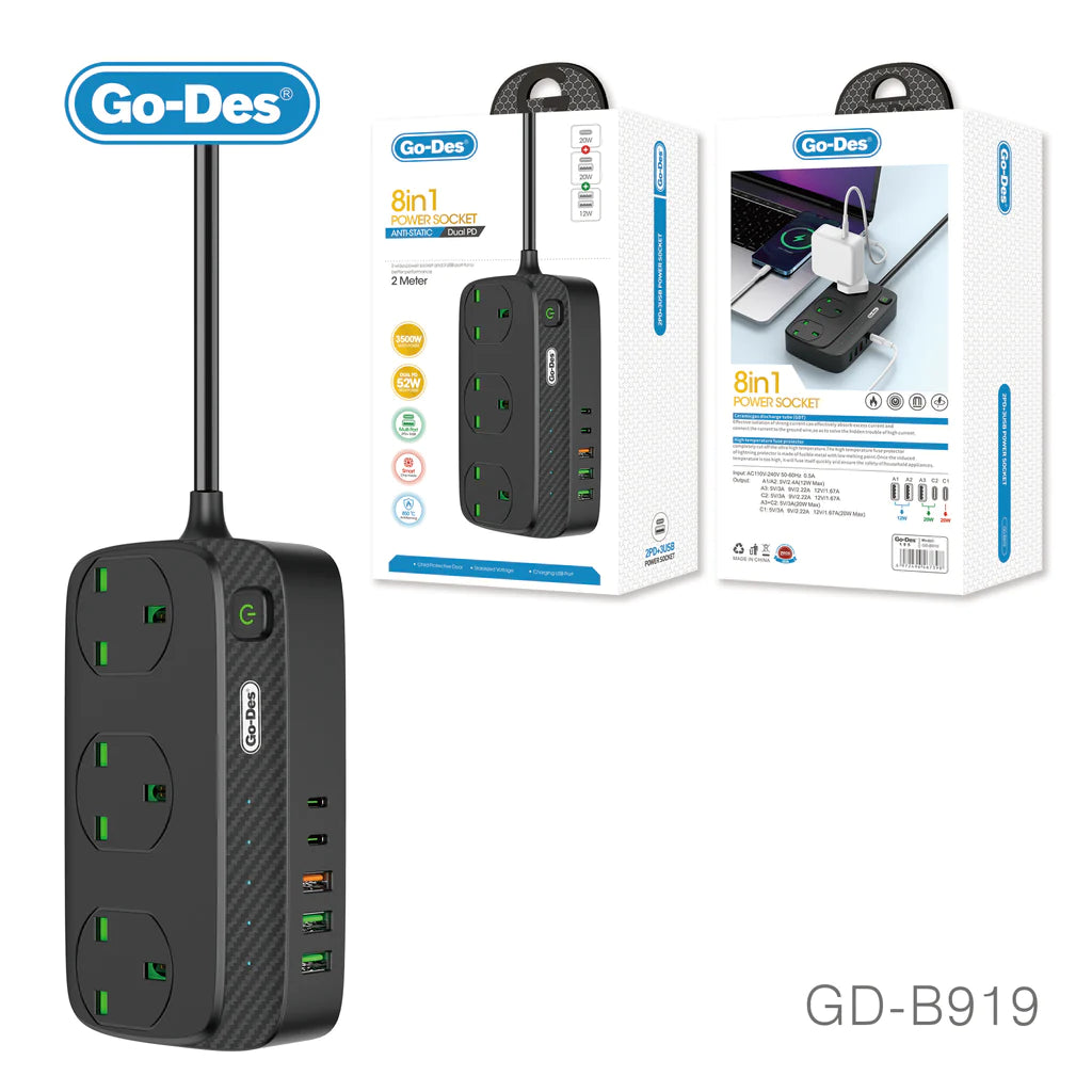 شريط طاقة Go-Des UK بمنفذ USB ومقبس ثلاثي الاتجاهات ومقبس 3 منافذ USB 2PD ومقبس طاقة مع قابس واقٍ لسلك التمديد 3M Bold