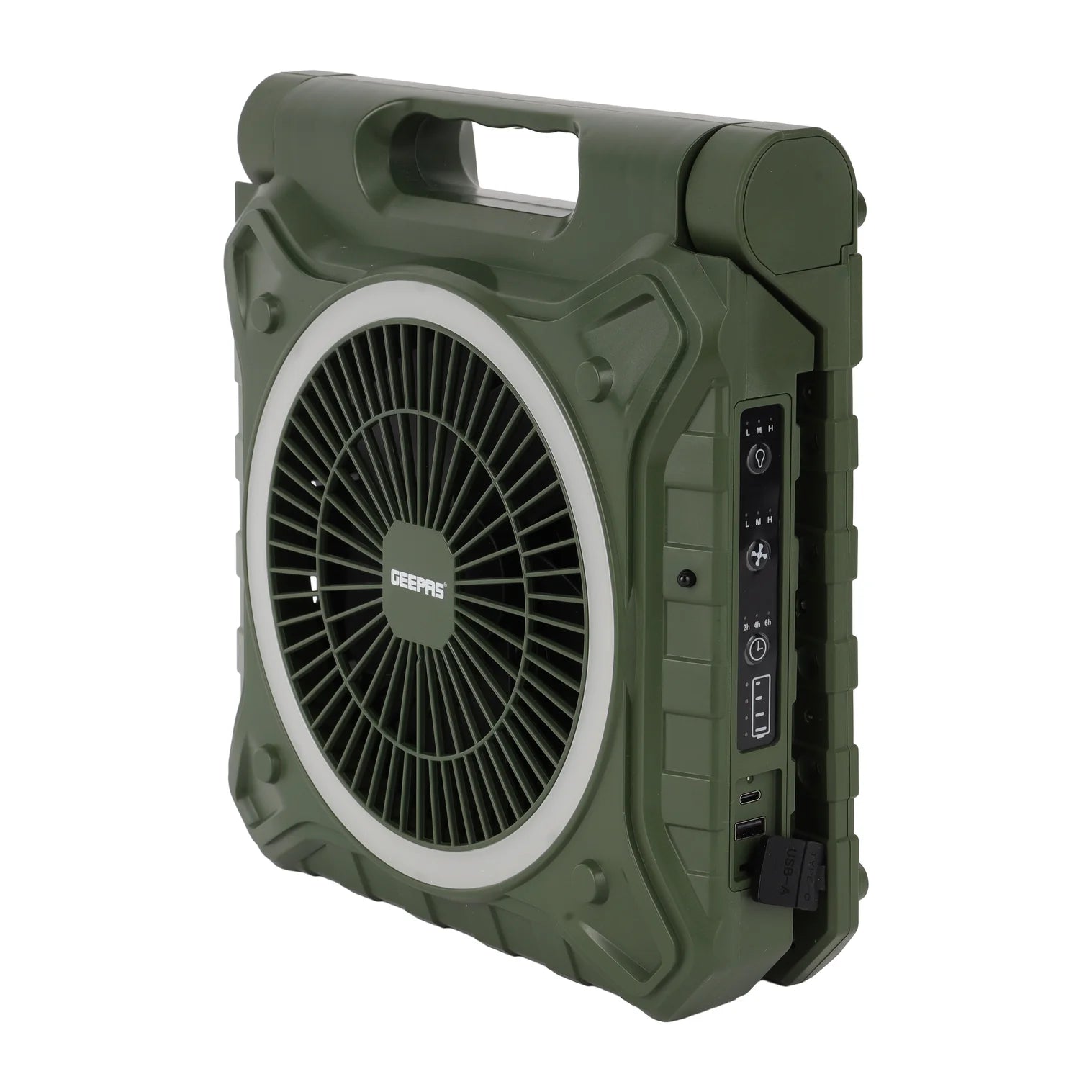 Geepas GF21233 8 Inch Rechargeable Solar Fan – 10000mAh | Remote Control | LED Light | Power Bank | Home & Outdoor