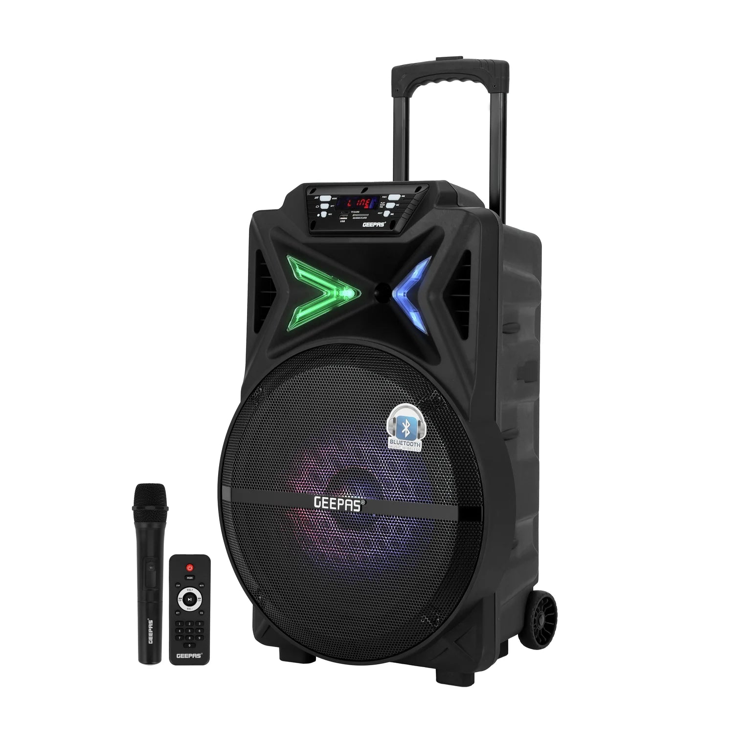 Geepas GMS11131 Rechargeable Trolley Bluetooth Speaker – 15-Inch Karaoke DJ Party Speaker with Wireless Mic, LED Lights & Remote