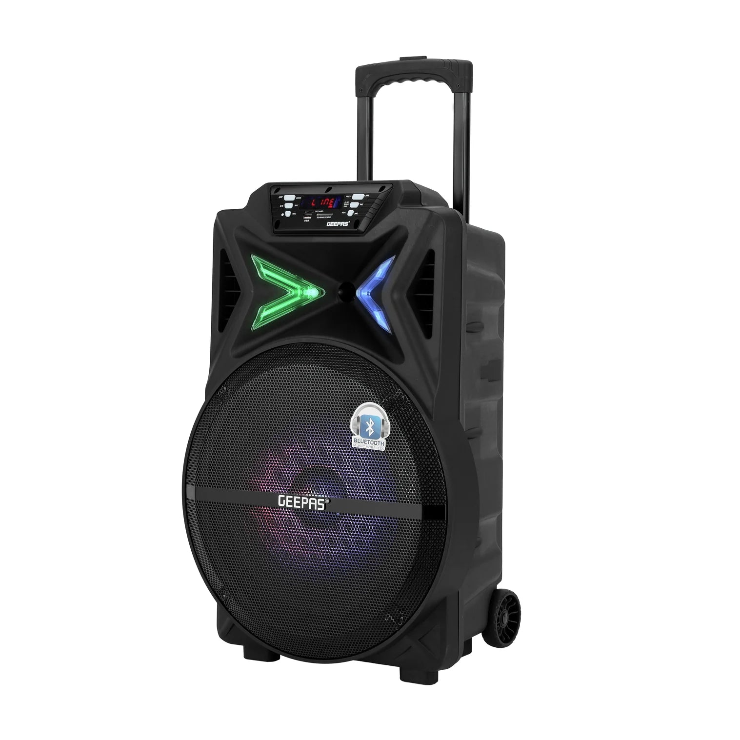 Geepas GMS11131 Rechargeable Trolley Bluetooth Speaker – 15-Inch Karaoke DJ Party Speaker with Wireless Mic, LED Lights & Remote