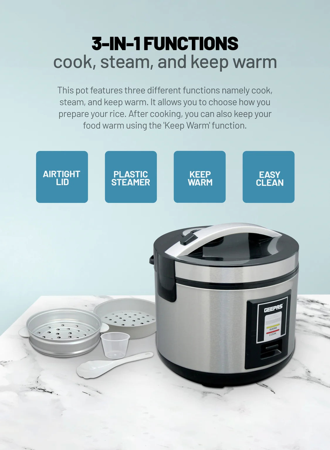 Geepas 1.8L Automatic Rice Cooker with Steamer, Black/Silver GRC4330