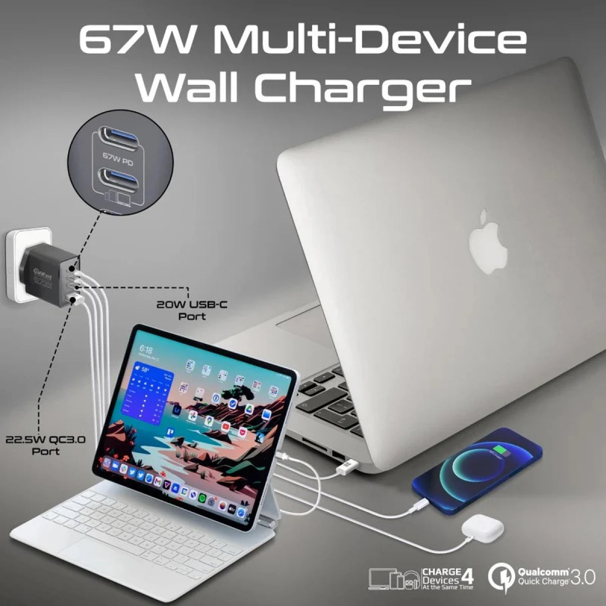 Promate GaNport4-67W Power Delivery GaN Charger with Quick Charge 3.0