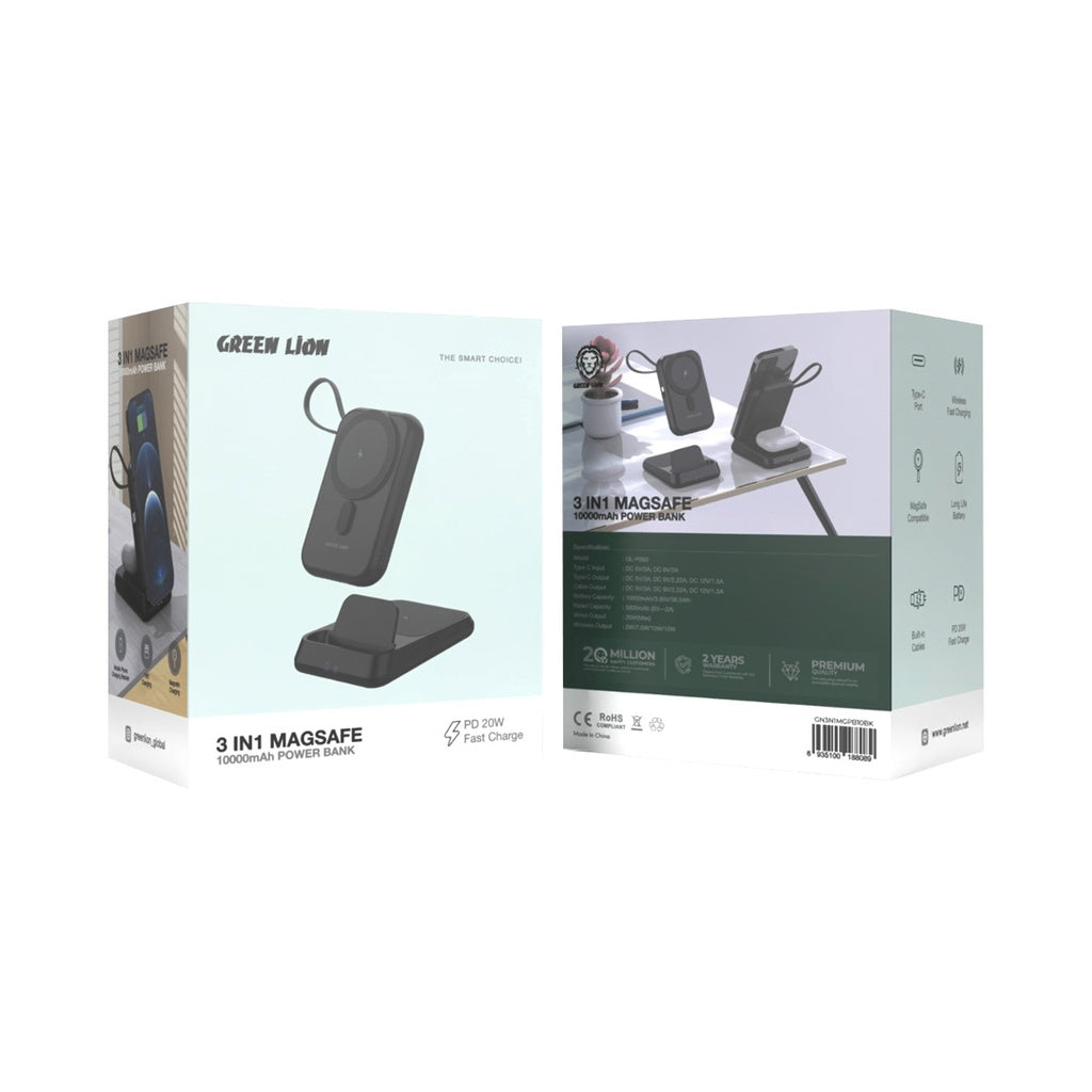 باور بانك Green Lion MagSafe 3 في 1 بسعة 10000mAh – شحن لاسلكي ومغناطيسي سريع