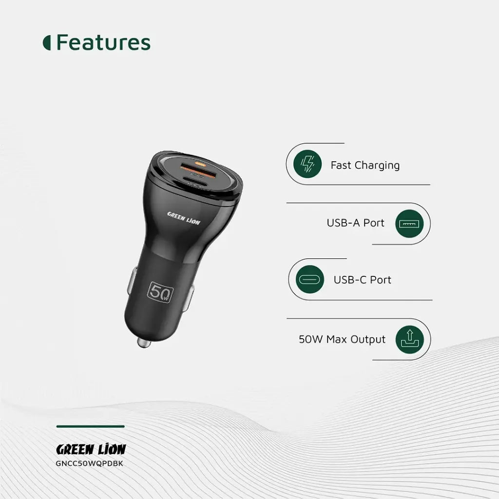Green Lion 50W Car Charger + USB-C to USB-C Cable – Dual Port
