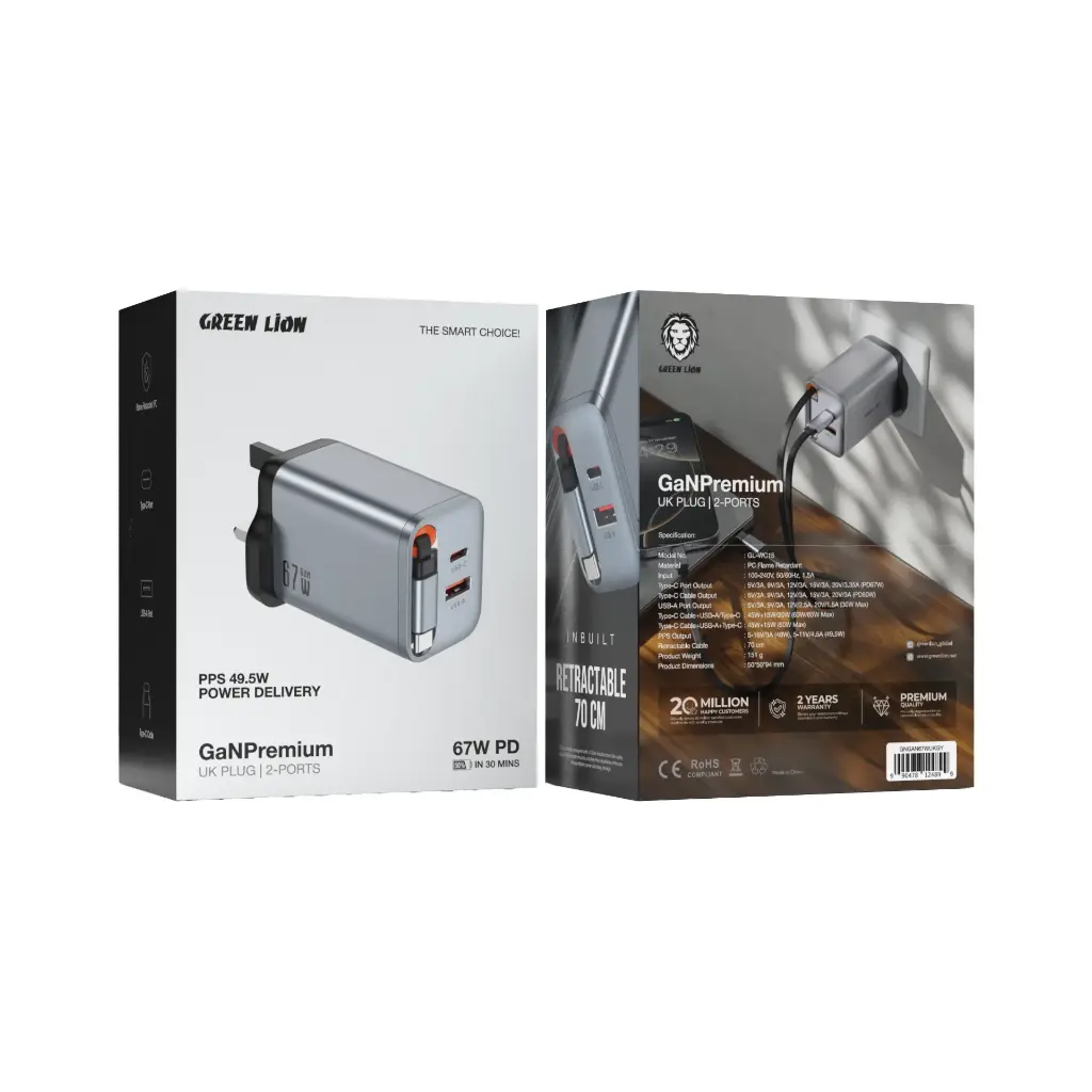 Green Lion 67W GaN Fast UK Wall Charger with Cable – Gray