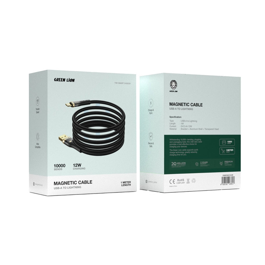 Green Lion Magnetic USB-A to Lightning Cable 1M – Black