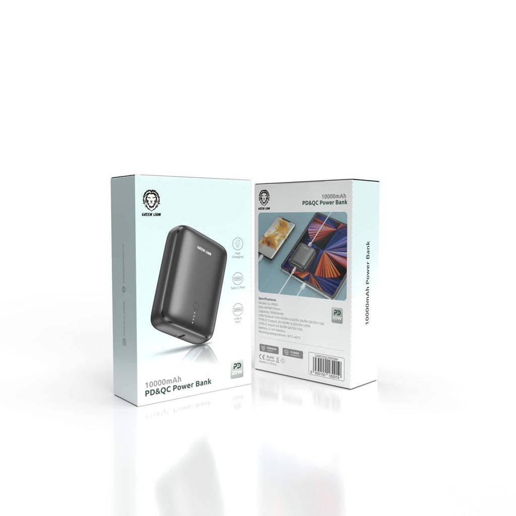 Green Lion 10000mAh Power Bank with PD 20W & QC Fast Charging – Black