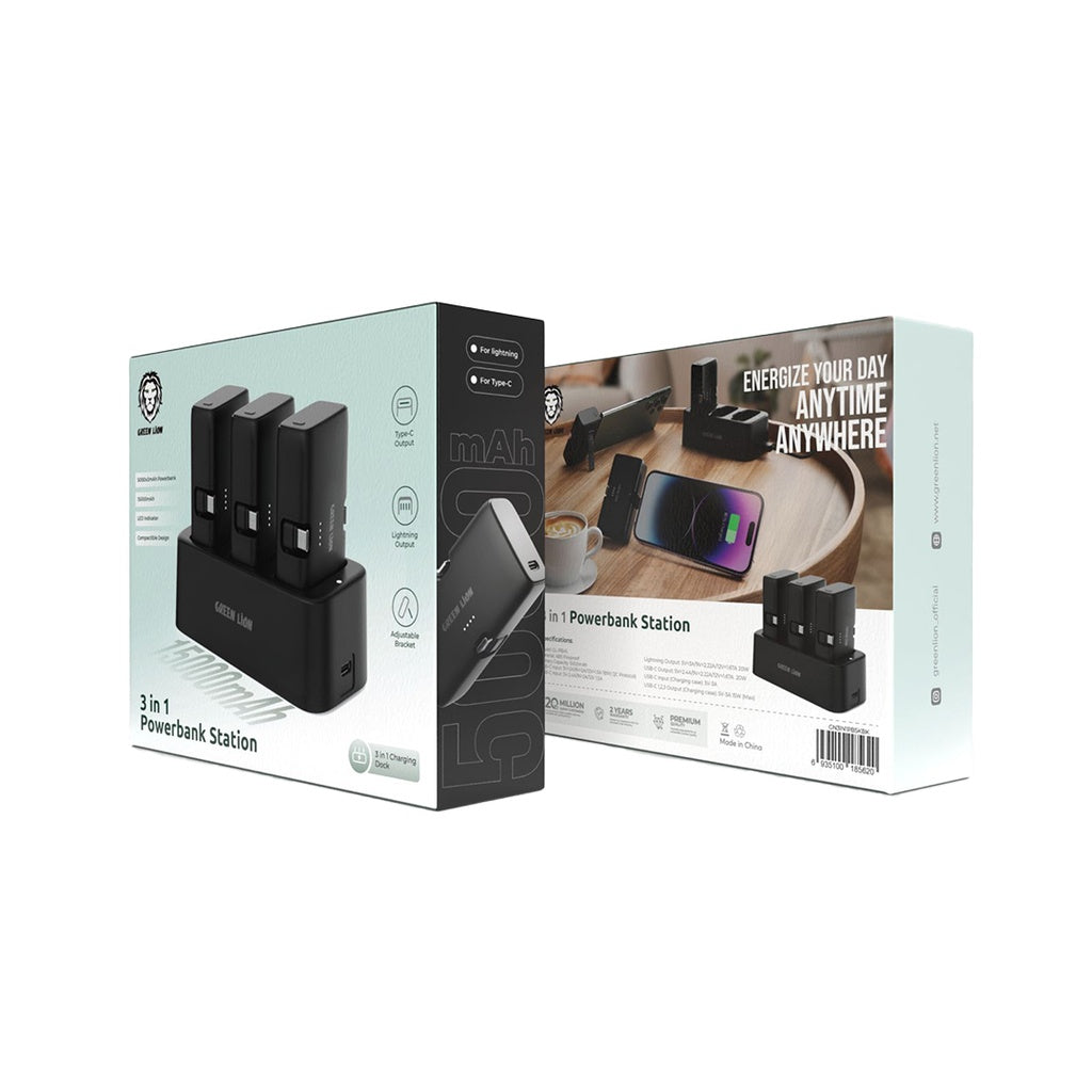 Green Lion 3 In 1 Power Bank Station – Black | Wireless & Portable Charging
