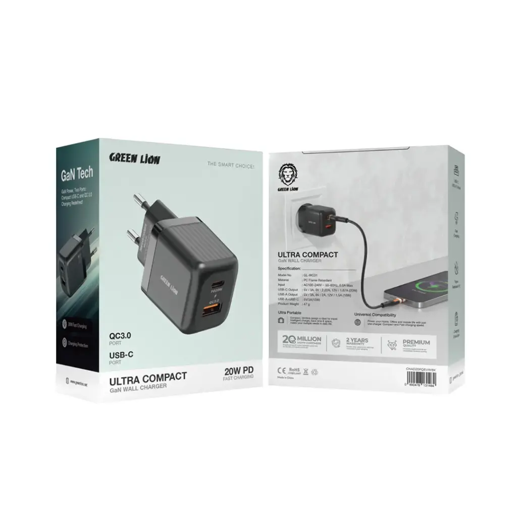 شاحن Green Lion GaN مزدوج A+C 20W صغير الحجم + كابل USB-C