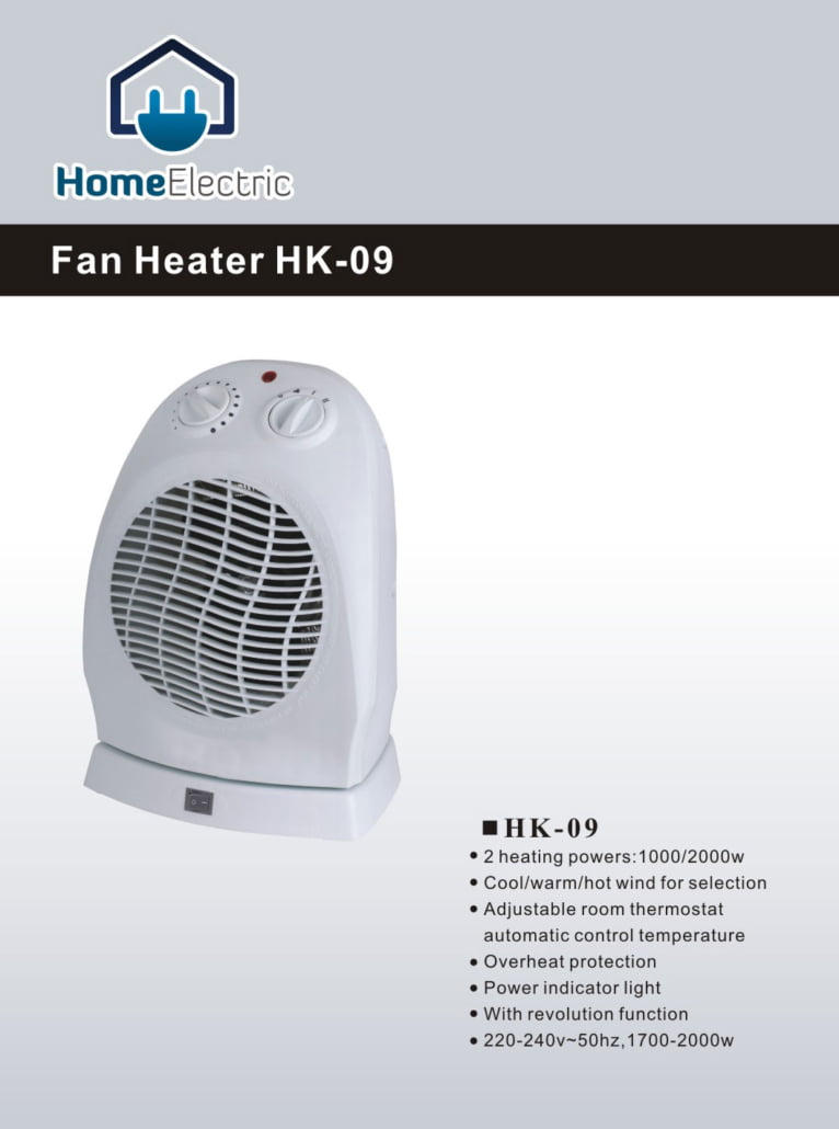 Home Electric HK-09 Fan Heater | 1000–2000W, Thermostat & Safety