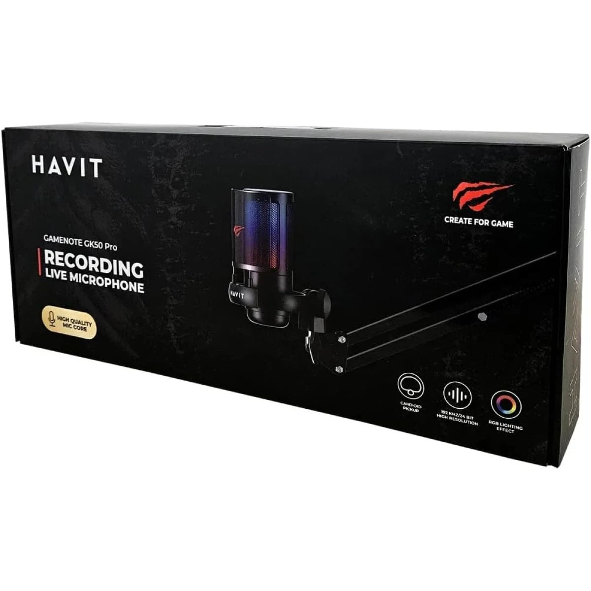 HAVIT Gamenote GK50 PRO Black Edition – 192kHz/24bit USB-C RGB Condenser Microphone with Desk Stand