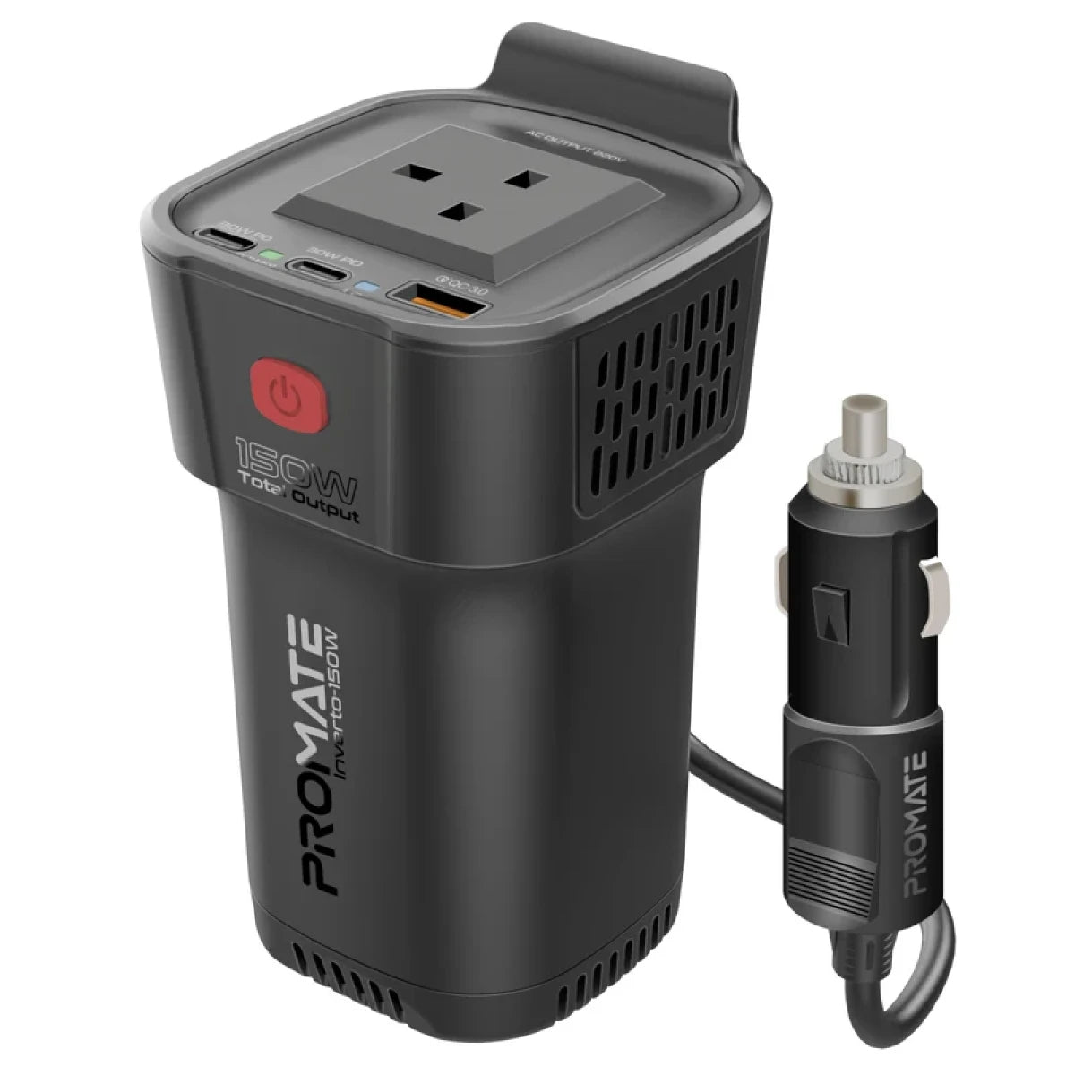 Promate Inverto-150W Multi-Port DC to AC Power Inverter with 150W AC Socket