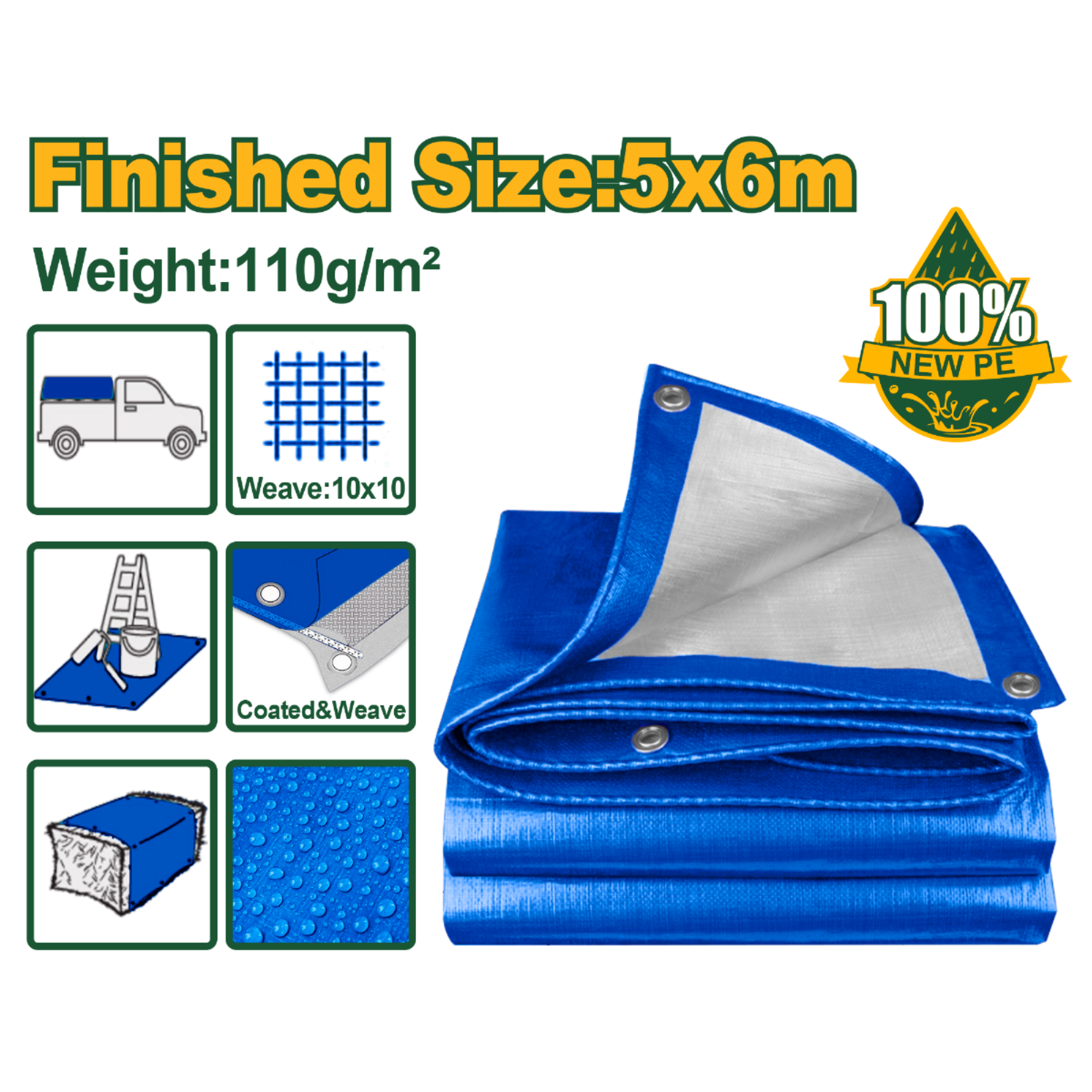 JADEVER Blue Tarp with Eyelets 5x6m Durable & Lightweight - Blue