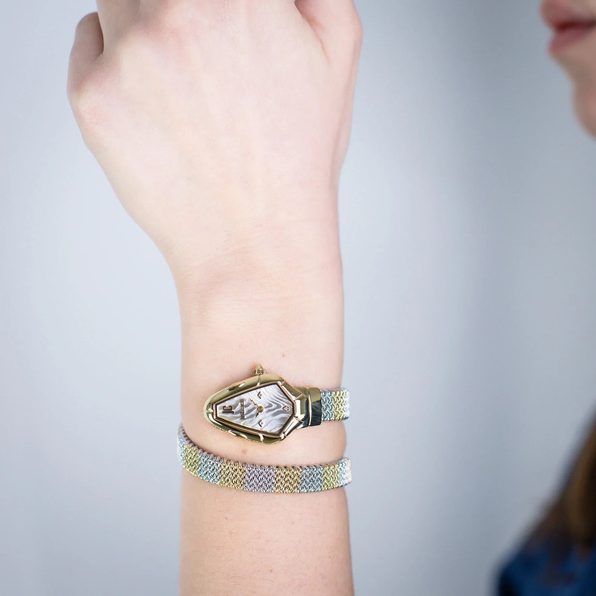 JUST CAVALLI JC1L426M0055 SILVER AND GOLD STEEL BAND WHITE DIAL FOR WOMEN