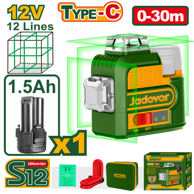 JADEVER Cordless 3D Green Laser Level – 12V, 30m Range, 360° Horizontal & Vertical Lines, USB-C Charging (JDLE8M12)