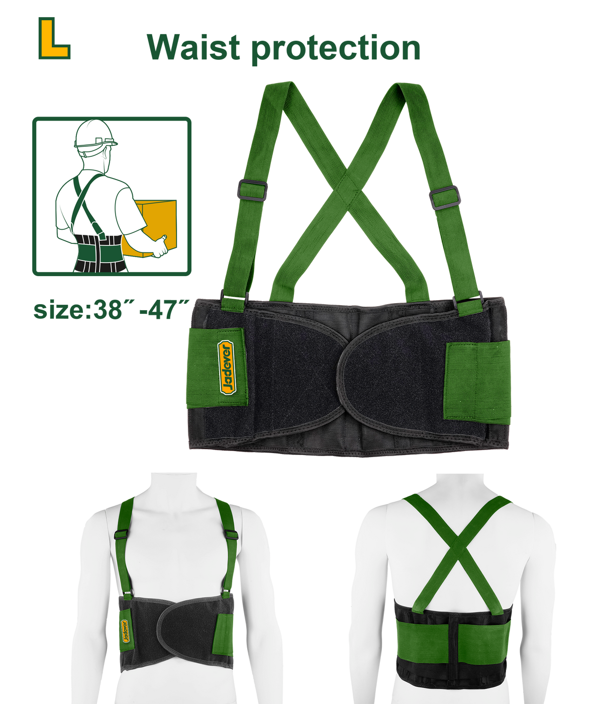 JADEVER Back Support Belt – Size L (38"-47"), Adjustable Suspenders, Lumbar Protection (JDTG901L)