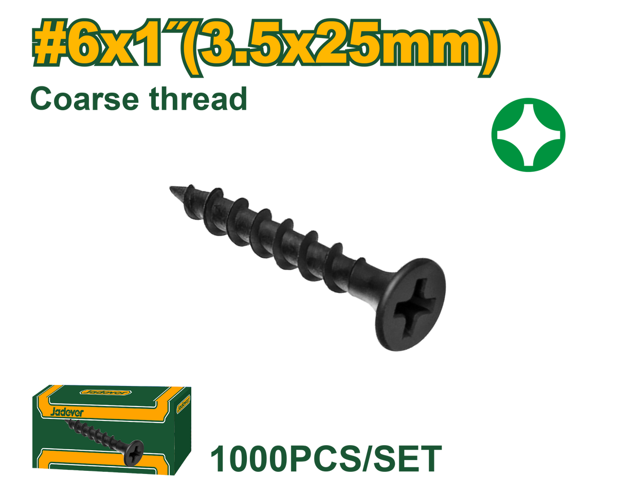JADEVER Drywall Screws #6×1" (3.5×25mm) – Coarse Thread, Black Phosphated Finish (JDXS1512Z)