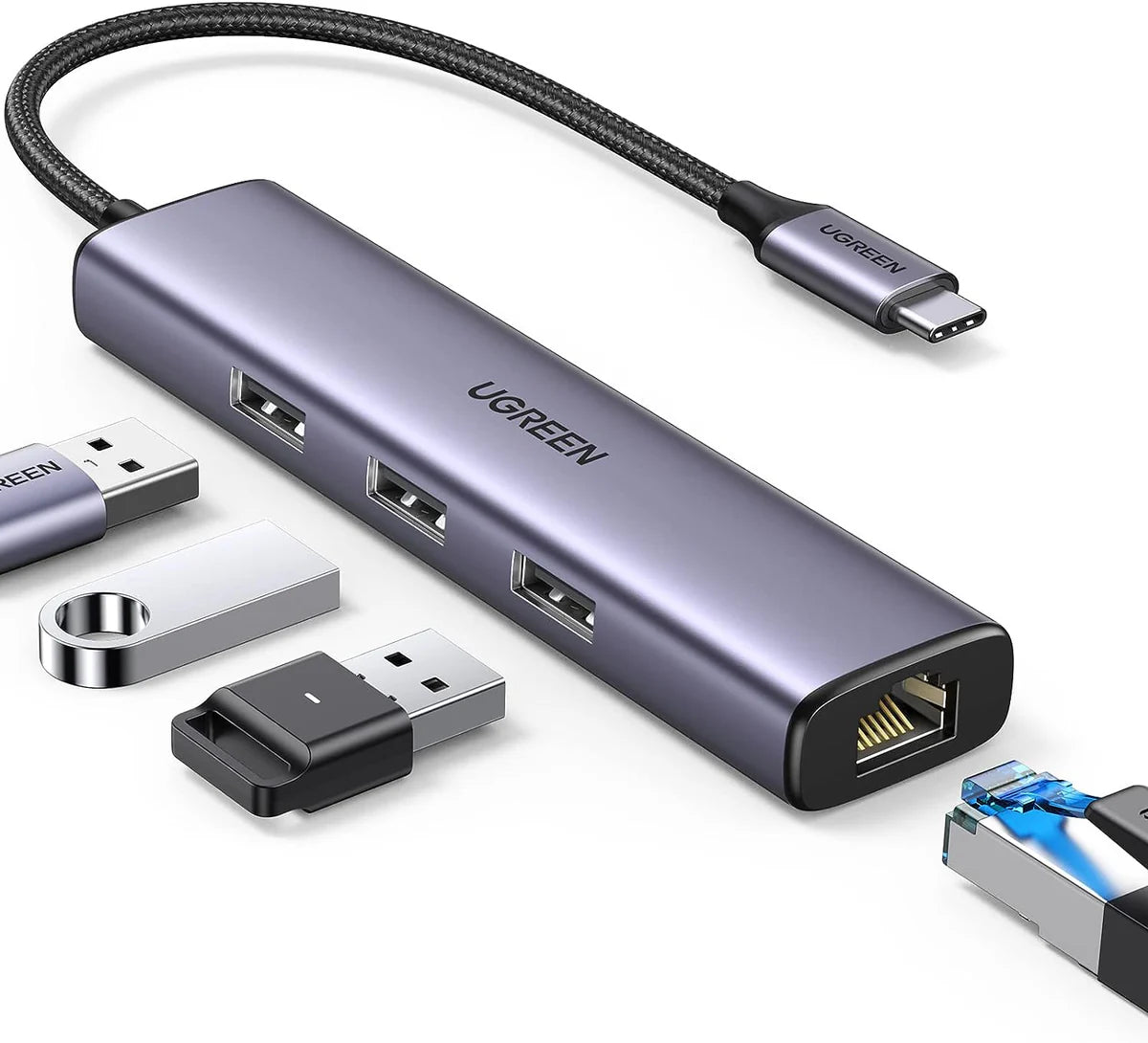 موزع UGREEN USB-C بـ3 منافذ USB 3.0 + منفذ RJ45 جيجابت إيثرنت