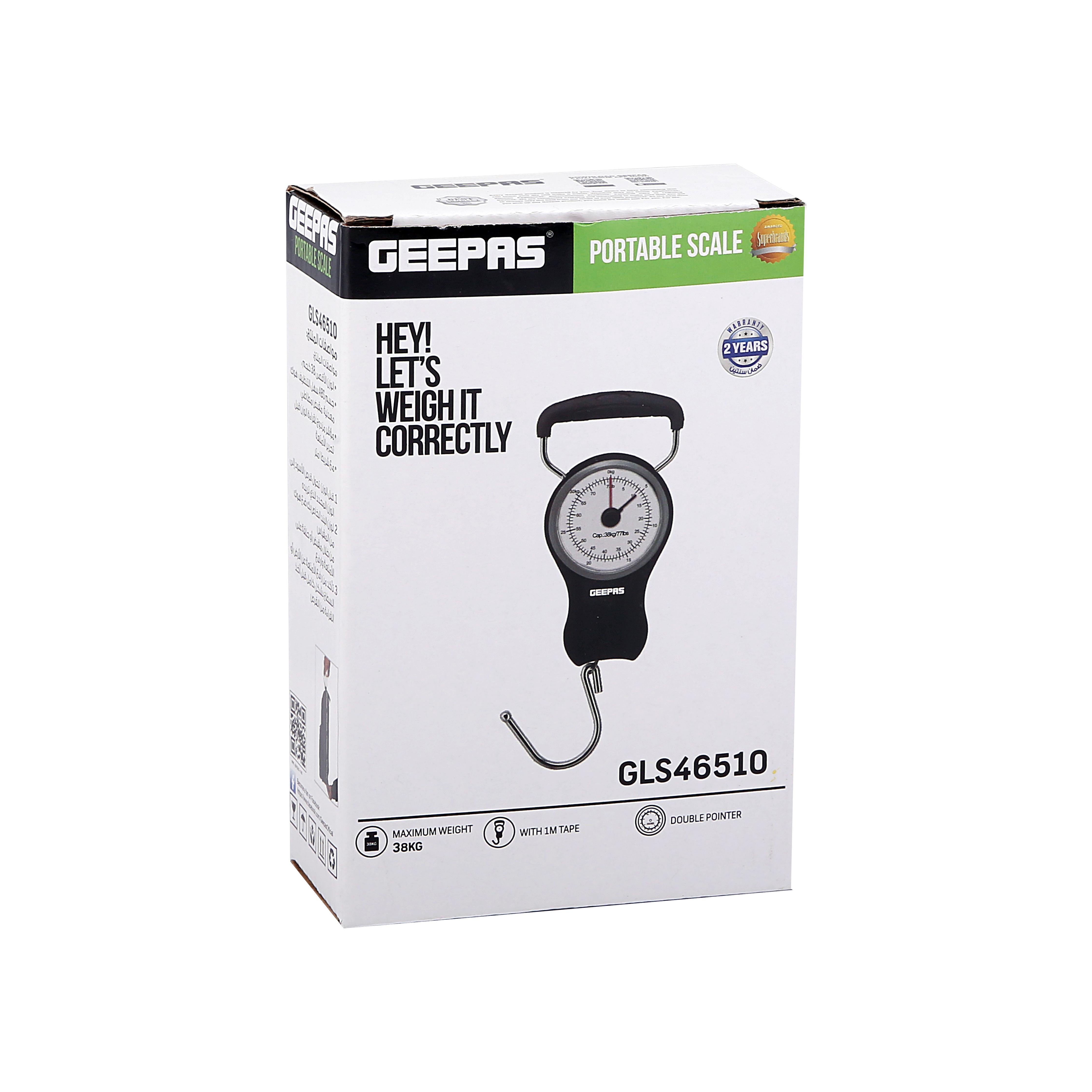 Geepas GLS46510 Portable Hanging Scale – Mechanical Luggage & Fishing Scale 38KG with Dual Pointers & 1M Tape Measure