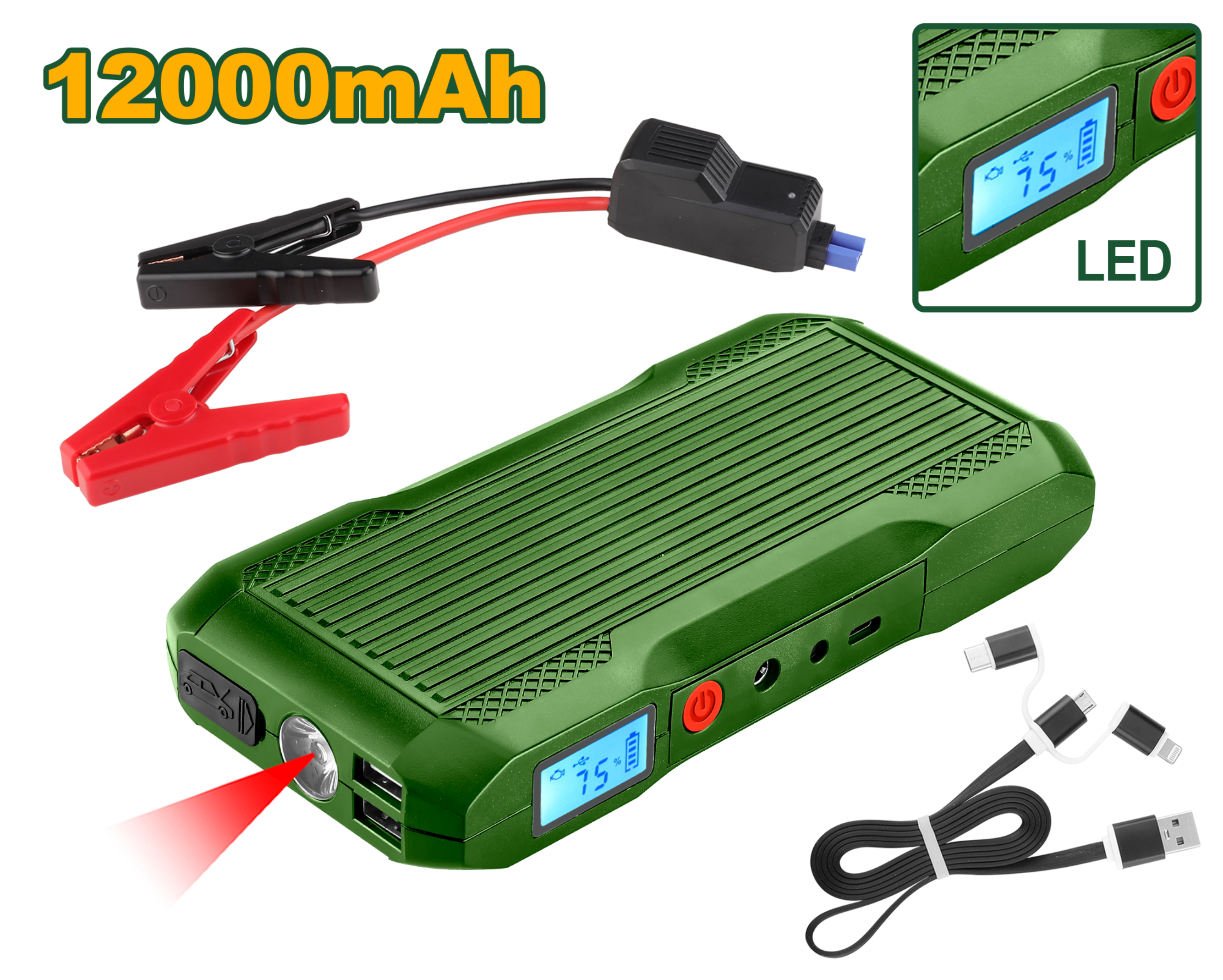 Jadever 12000mAh Car Jump Starter with Power Bank & LED