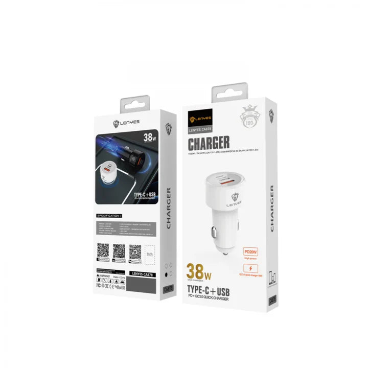 LENYES CA878 Car Charger – 38W Fast Charging – White