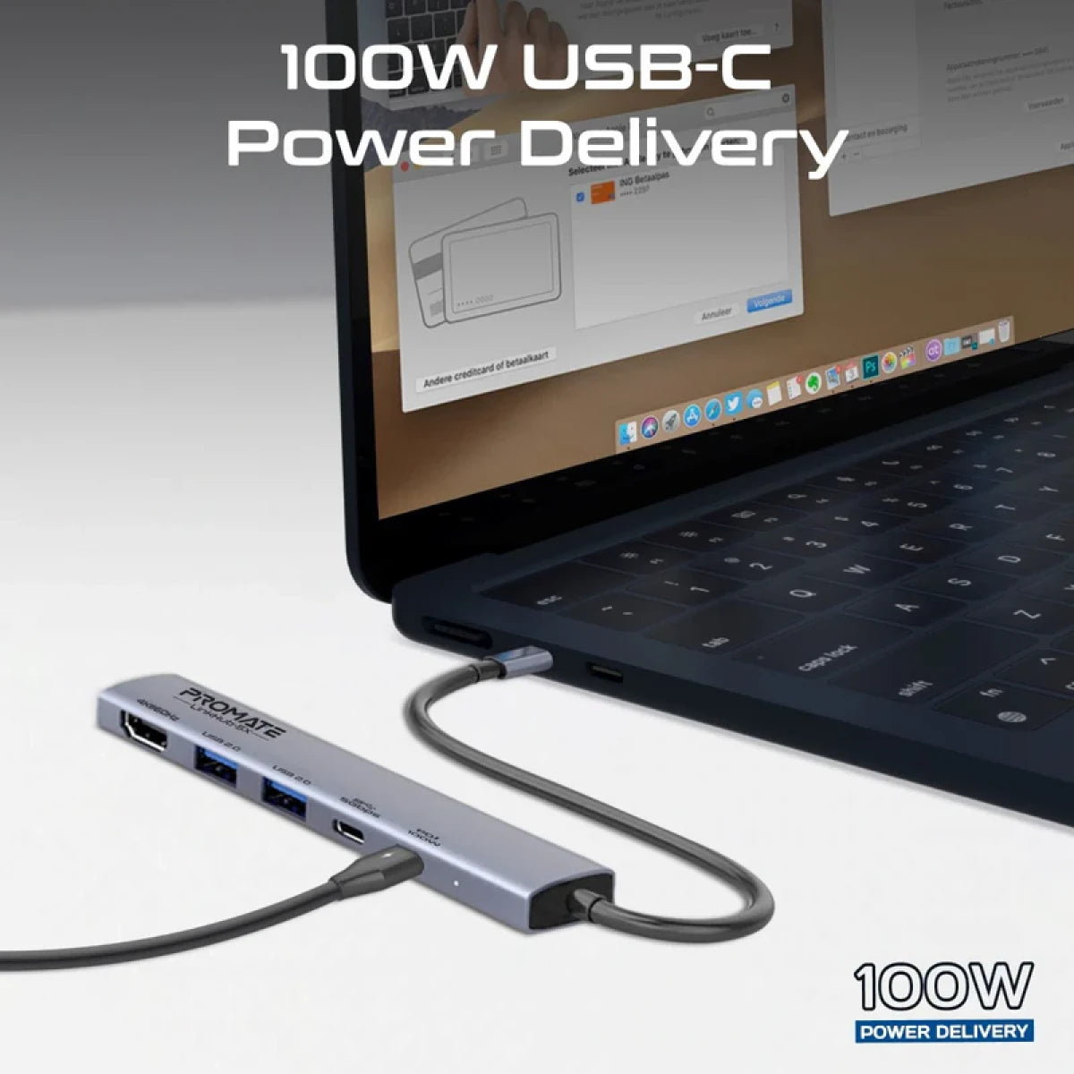 Promate LinkHub-5X 4K@60Hz USB-C Hub - 100W PD