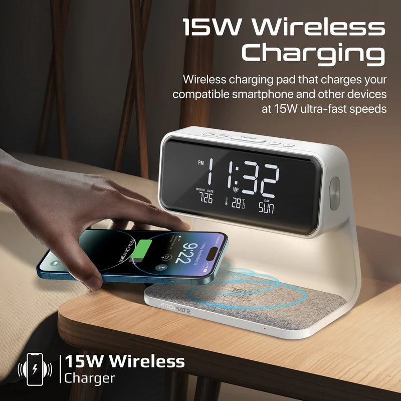 Promate Lumix-15W Multi-Function LED Alarm Clock with 15W Wireless Charger