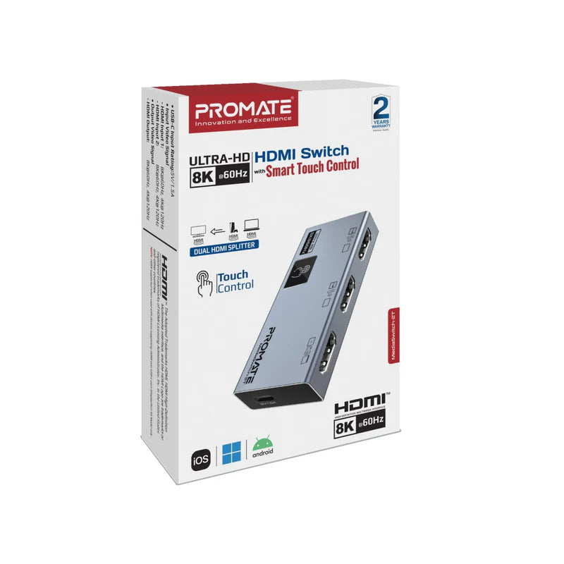 Promate MediaSwitch-2T Ultra-HD 8K@60Hz HDMI® Switch with Smart Touch Control