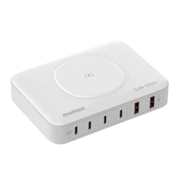 Momax ONEPLUG 100W 6 Port Charger with Wireless Charging - White