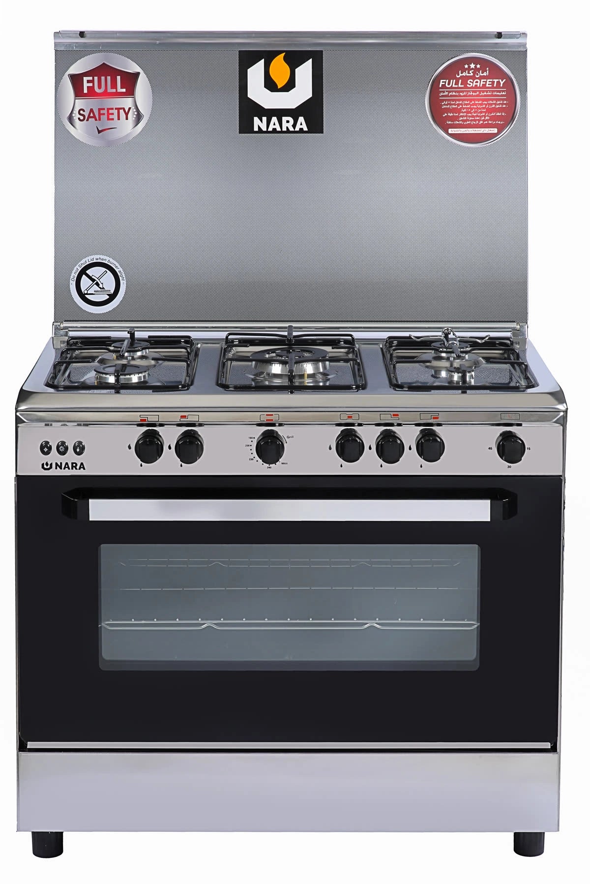 Nara NAXG/9000-BG Gas Cooker, 90 cm, Full Safety, Silver with Black Glass