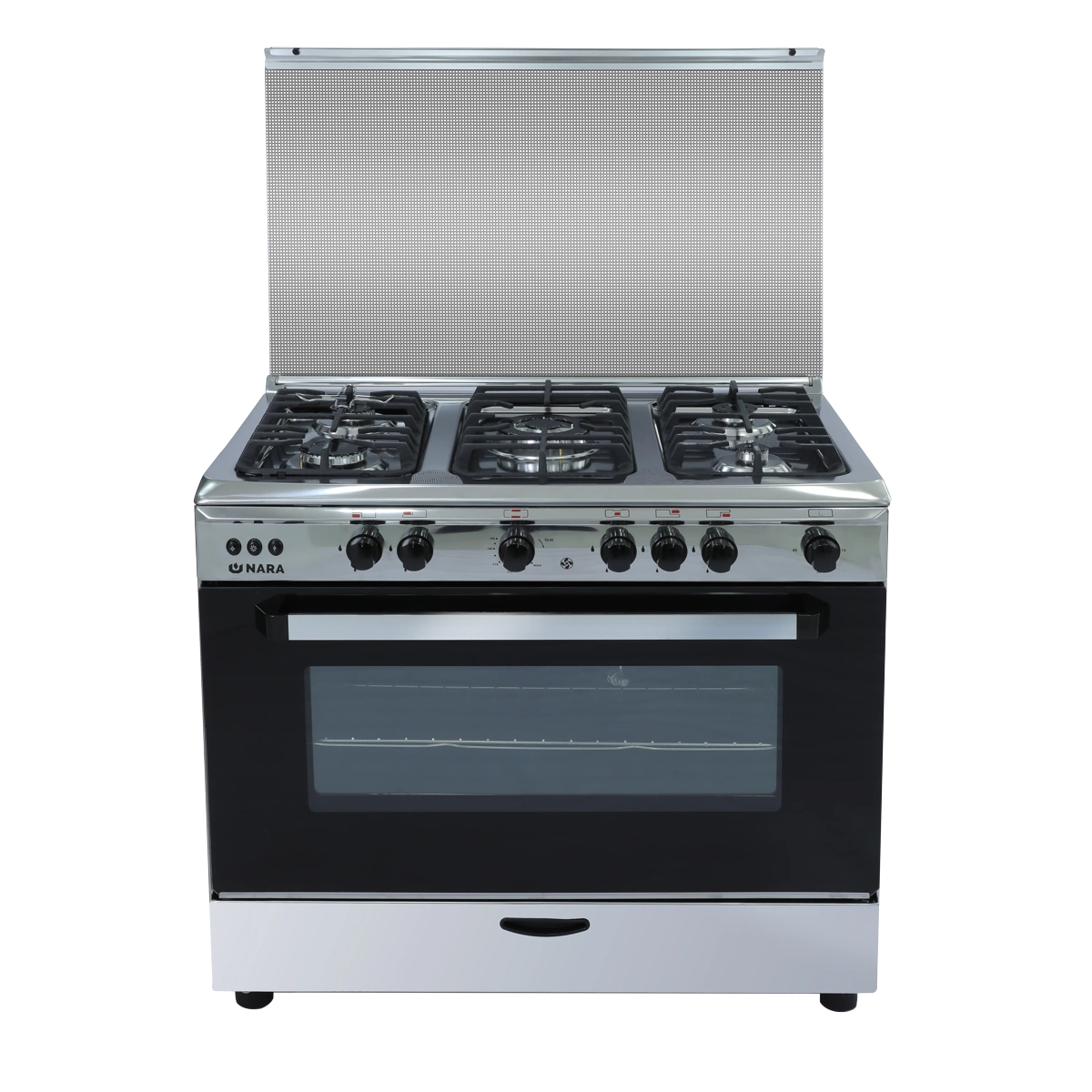 Nara NAXG/9200-BG/LC/FAN Gas Cooker, 90 cm, 5 Burners, Full Safety, Glossy Stainless Steel