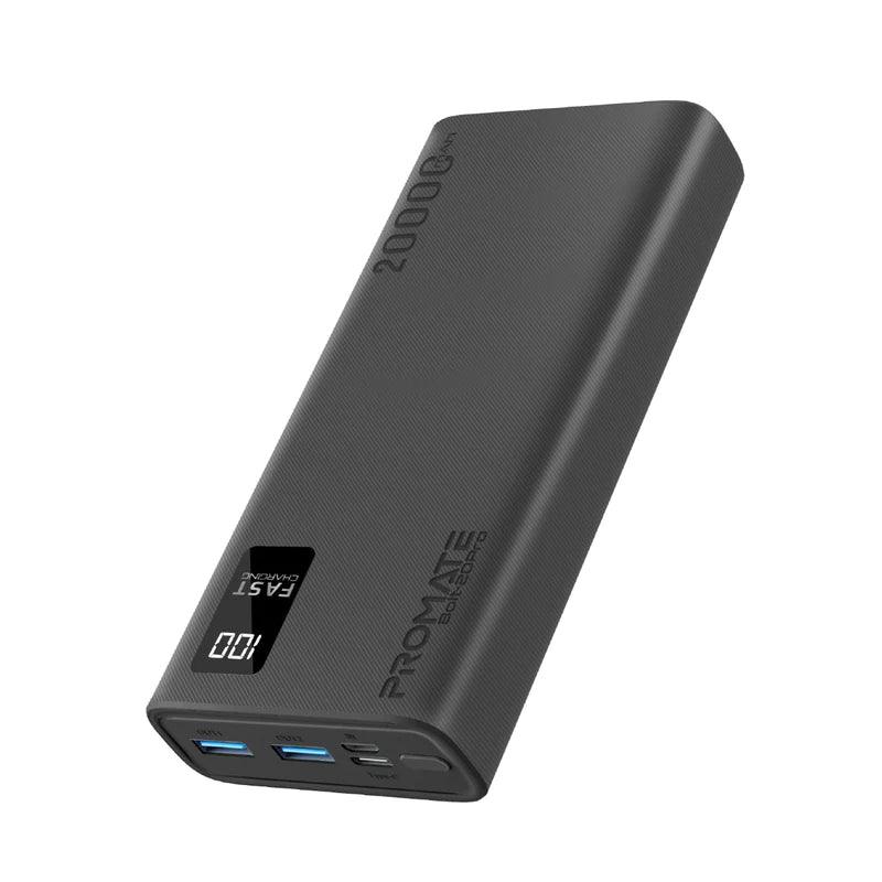 PROMATE Bolt 20Pro 20000mAh Power Bank with Smart Dual USB Charging - Black