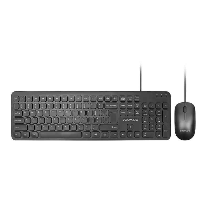 PROMATE Combo KM2 Wired Keyboard & Mouse Quiet & Ergonomic Design - Black