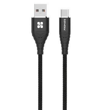 PROMATE Fabric Braided USB C Fast Charge & Sync Cable - Black