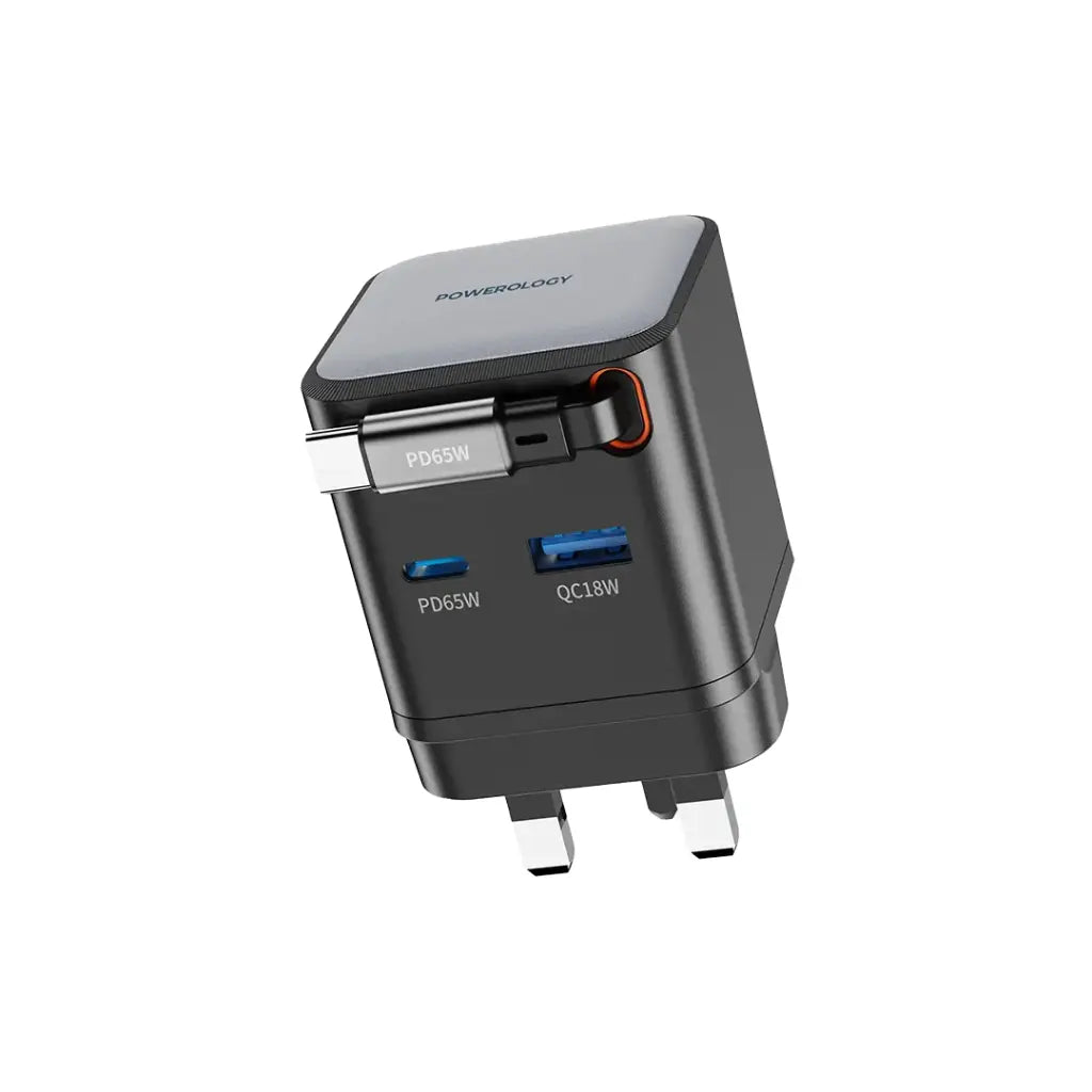 Powerology Retractable Dual-Port GaN Charger – Compact & Fast