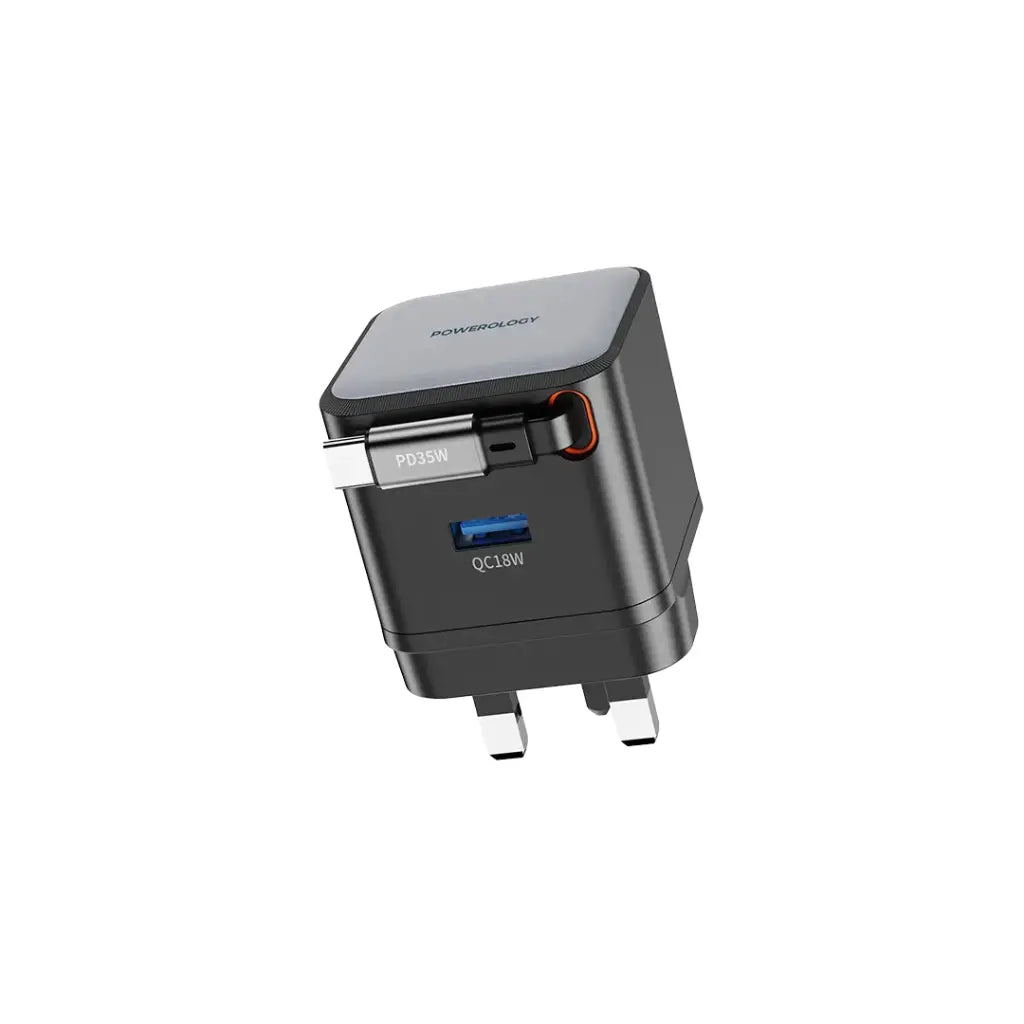 Powerology Retractable GaN Charger – Single Port | Compact & Fast