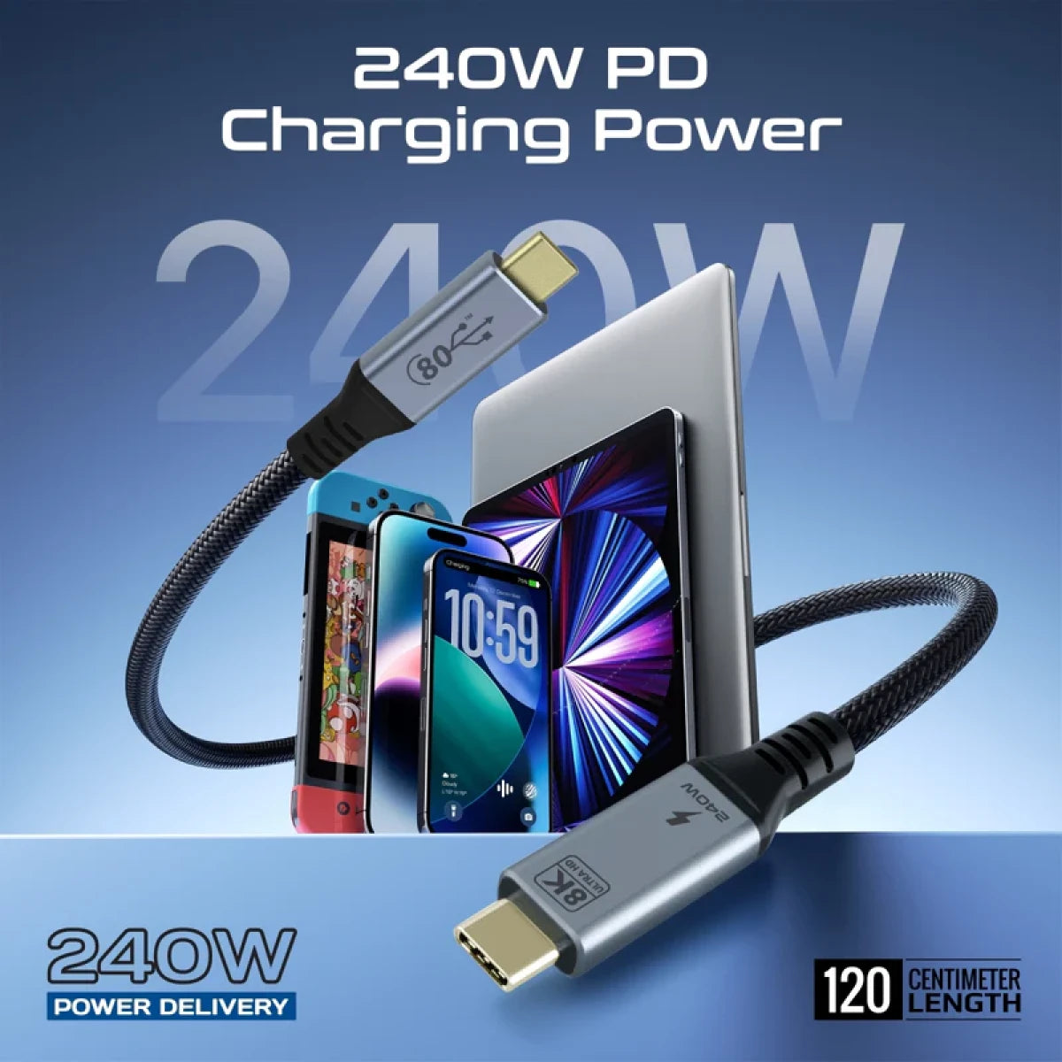Promate PowerBolt5-80G 80Gbps USB4 Cable - 240W PD