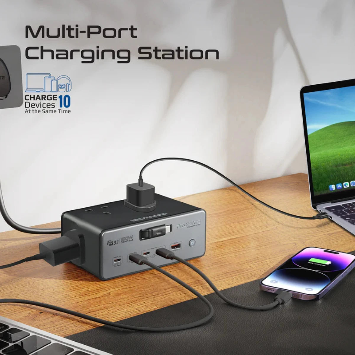 Promate PowerBrix-160W GaN PD 3.1 Charging Station with Quad AC Sockets - EU