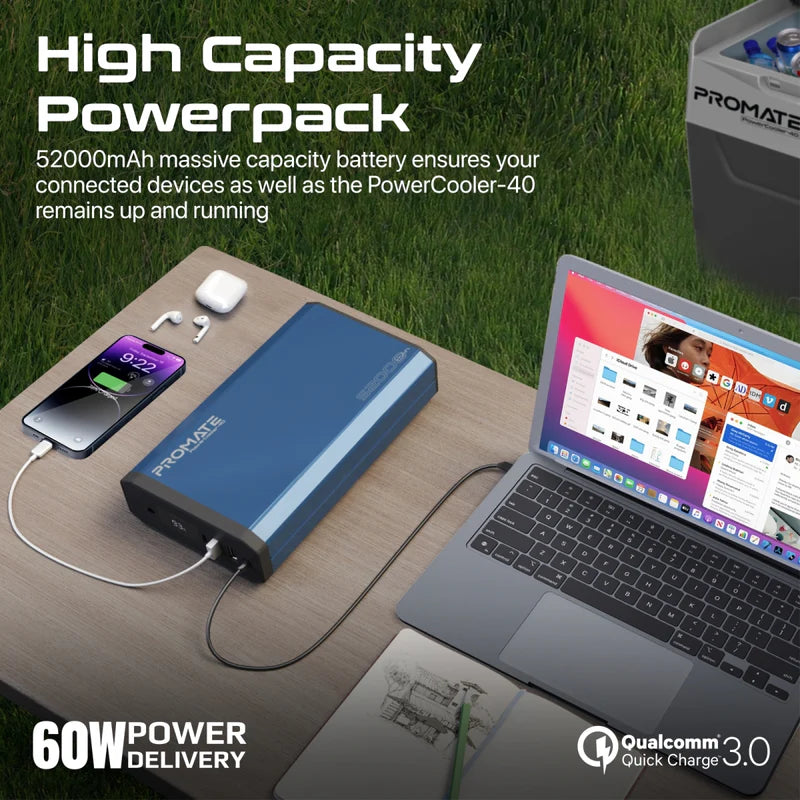 Promate PowerCooler-40 CoolFast™ 40 Liters Portable Outdoor Mini Refrigerator with 52000mAh Powerpack