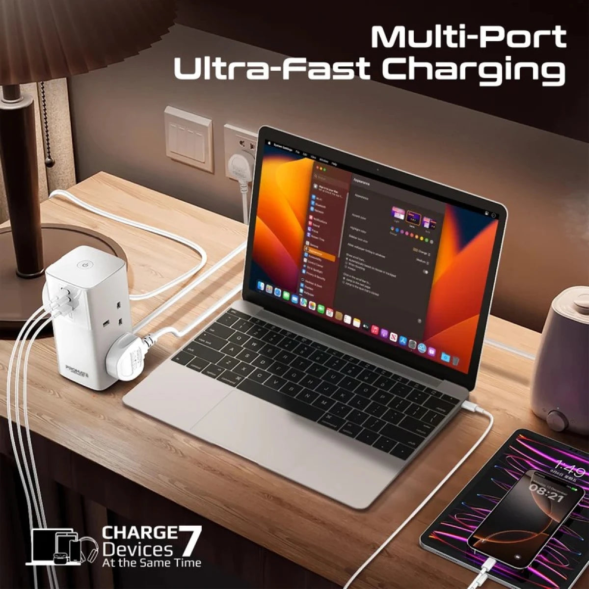 Promate PowerTower-70W Multi-Port Charging Station with Quad AC Sockets