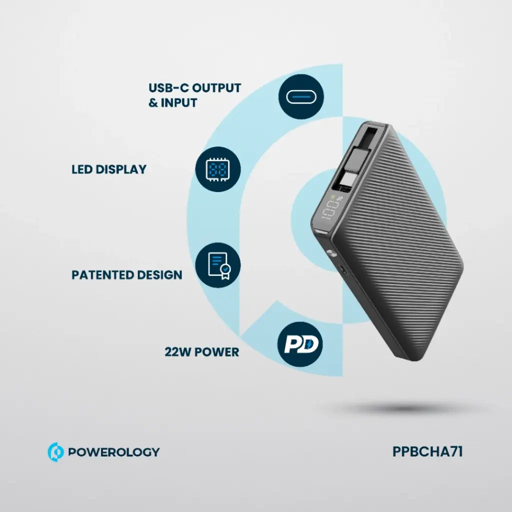 Powerology 10000mAh Retractable Cable Power Bank – 22W