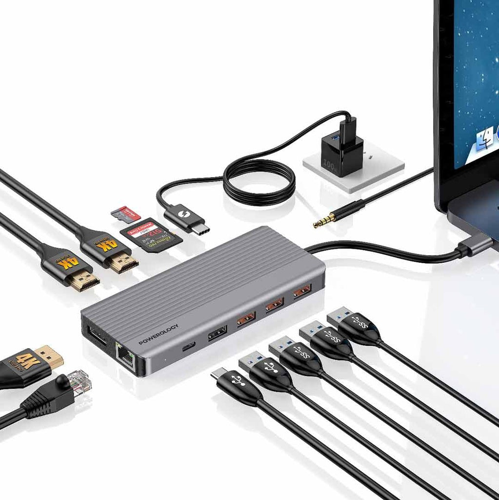 Powerology 13-in-1 USB-C Hub with 4K HDMI, 100W PD & Ethernet
